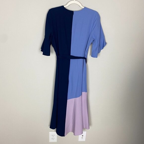Hutch Colorblock Faux Wrap Midi Dress Womens Medium Short Sleeves Ruffle Belted - Picture 6 of 7